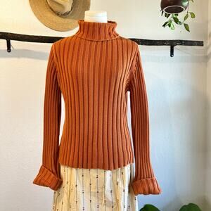 Vintage 90s Tangents 100% Cotton Orange Ribbed Turtleneck Sweater Size Mediium